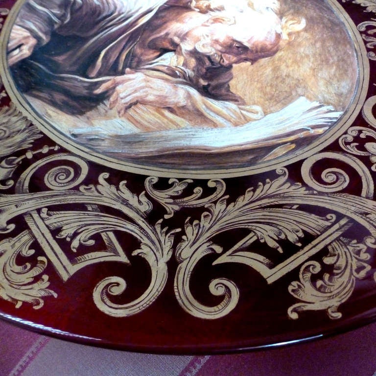Large Hand Blown Plate, Ruby Red Glass, with gold motifs, and central painting of an old man, closing years of nineteenth century.