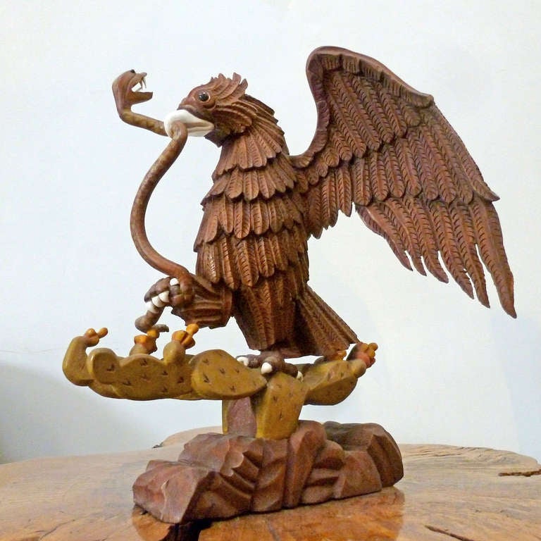Folk Art Hand Carved Mexican Eagle Devouring A Snake