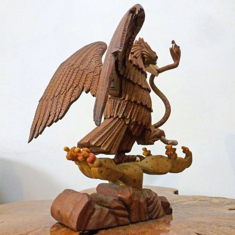 Mid-20th Century Hand Carved Mexican Eagle Devouring A Snake