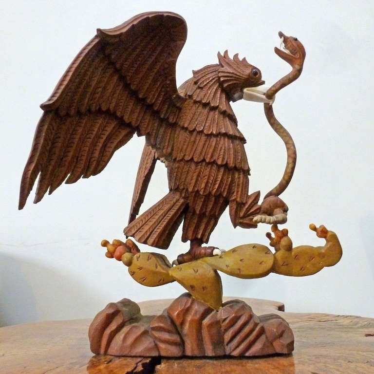 Wood Hand Carved Mexican Eagle Devouring A Snake