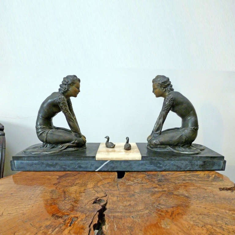 French Art Deco Patinated Spelter and Marble Sculpture, by  Menneville (FRANCE) For Sale