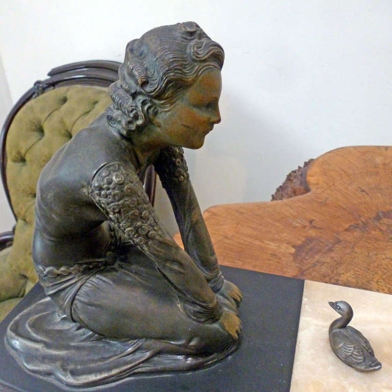 20th Century Art Deco Patinated Spelter and Marble Sculpture, by  Menneville (FRANCE) For Sale
