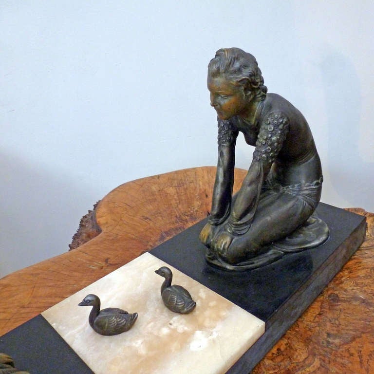 Art Deco Patinated Spelter and Marble Sculpture, by  Menneville (FRANCE) For Sale 2