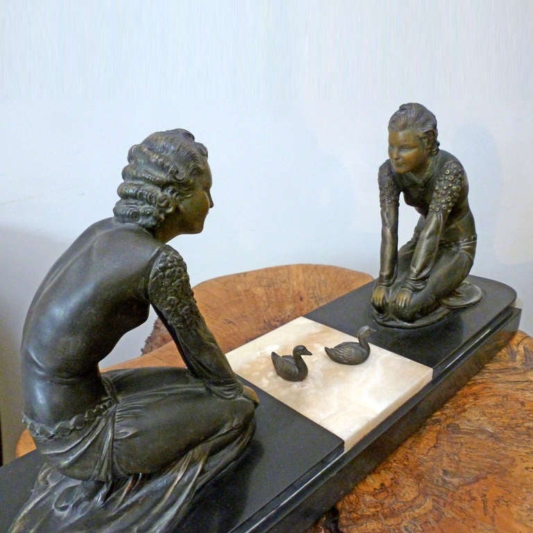 Art Deco Patinated Spelter and Marble Sculpture, by  Menneville (FRANCE) For Sale 3