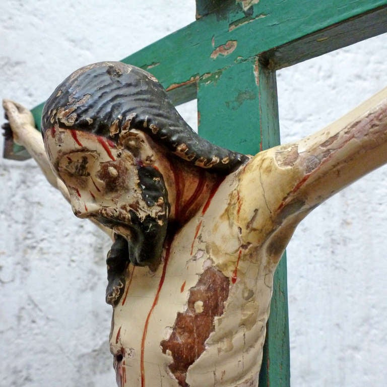 19th Century Mexican Wood Carved and Polychromed Christ, Folk Art In Fair Condition In Mexico City, D.F.