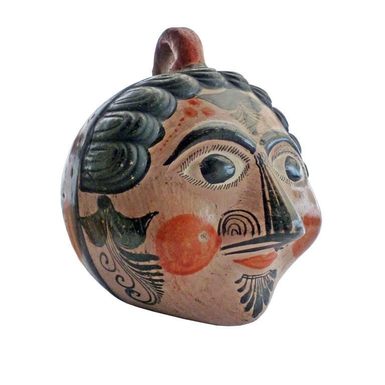 Mexican Pottery Head Bank from Tonala Jalisco, Mexico, Vintage folk art, founded in one studio of the Mexican Painter Jorge Gonzáles Camarena.