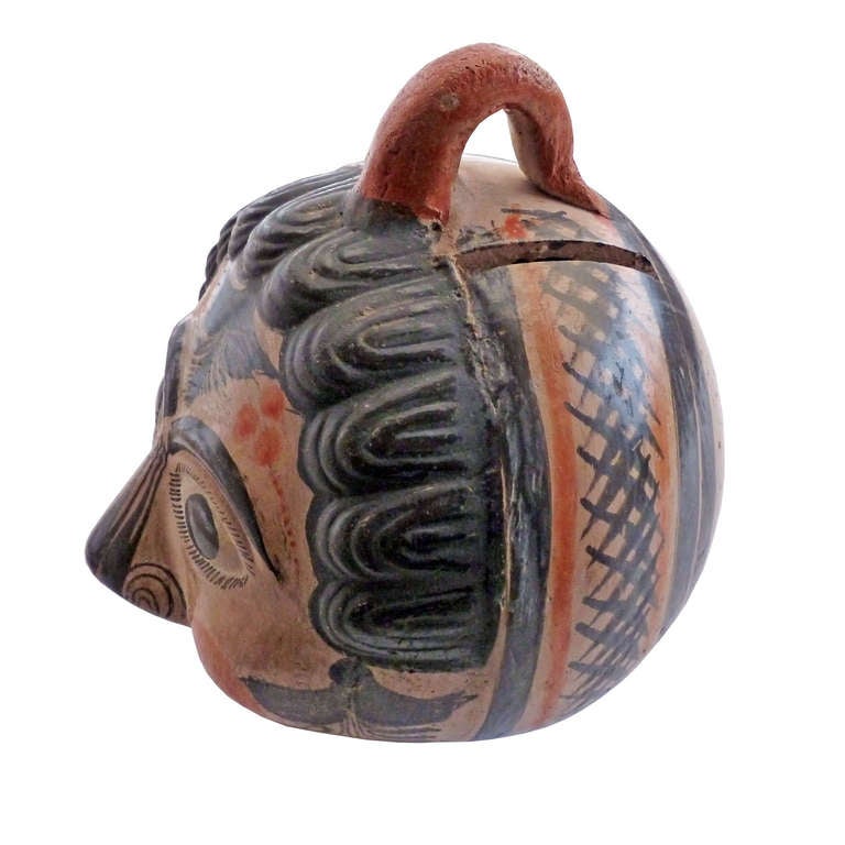 Mid-20th Century Mexican Pottery Head Bank from Tonala, Mexican Folk Art