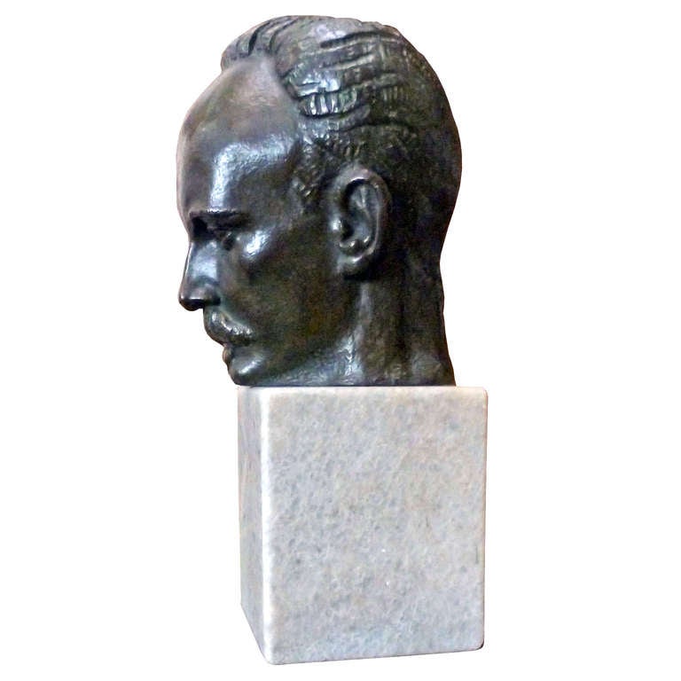Juan José Sicre Velez (1898 - 1974) was one of the most important sculptors of Cuba. The sculpture was made at Valsuani Foundry in France, dated 1926, Art Deco era.
Green patinated, excellent condition, white marble base, 
head measures only: 20