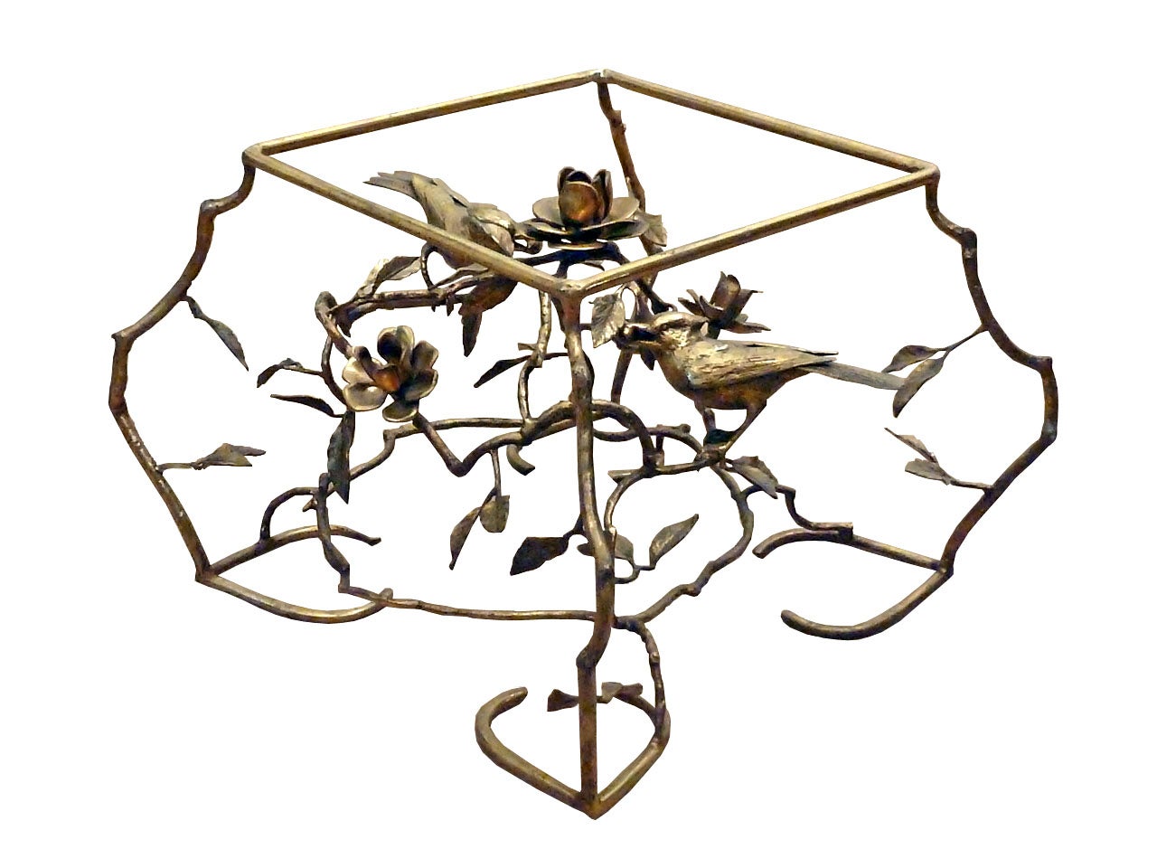Giacometti style, Brass cocktail small square table with birds