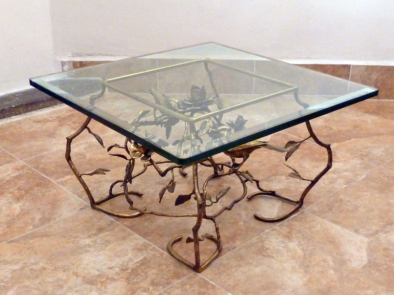 gilt bronze table simulating a tree with birds and flowers, very good condition, measures are put here without glass