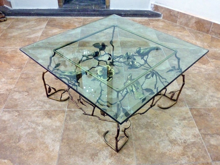 gilt brass table simulating a tree with birds and flowers, very  good condition, measures are put here without glass