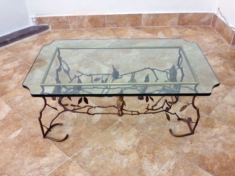 Rococo Giacometti Sculpture Style, Bronze Cocktail Rectangular Table With Birds