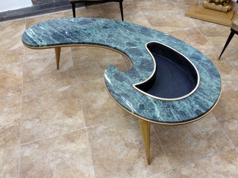 Arturo Pani, Biomorphic Cocktail Table with Flower Pot, Green Marble and Brass