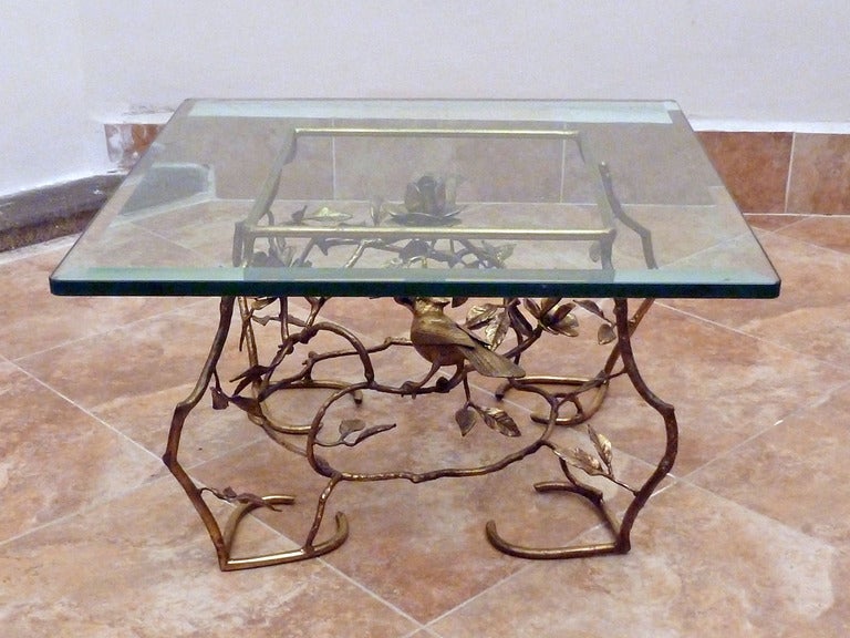 Rococo Giacometti style, Brass cocktail small square table with birds