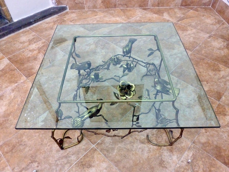 Rococo Giacometti Style, Brass Cocktail Square Table With Birds