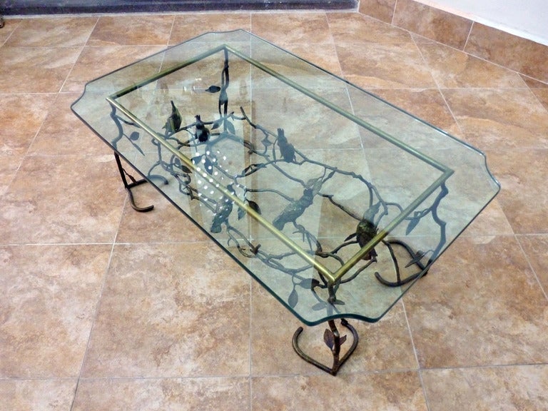 Unknown Giacometti Sculpture Style, Bronze Cocktail Rectangular Table With Birds