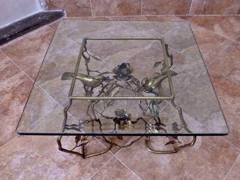 Unknown Giacometti style, Brass cocktail small square table with birds