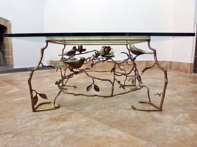Unknown Giacometti Style, Brass Cocktail Square Table With Birds