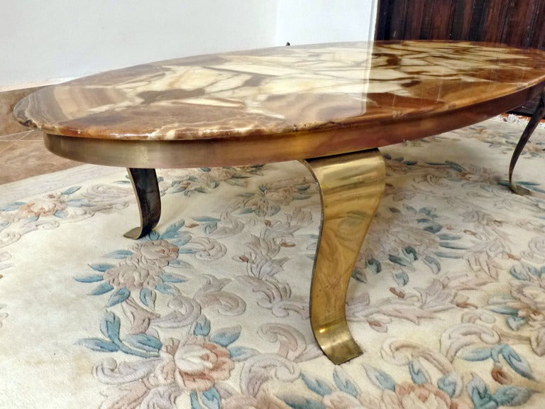 Mid-20th Century Muller's, Oval Mexican Onyx and Brass Cocktail Table