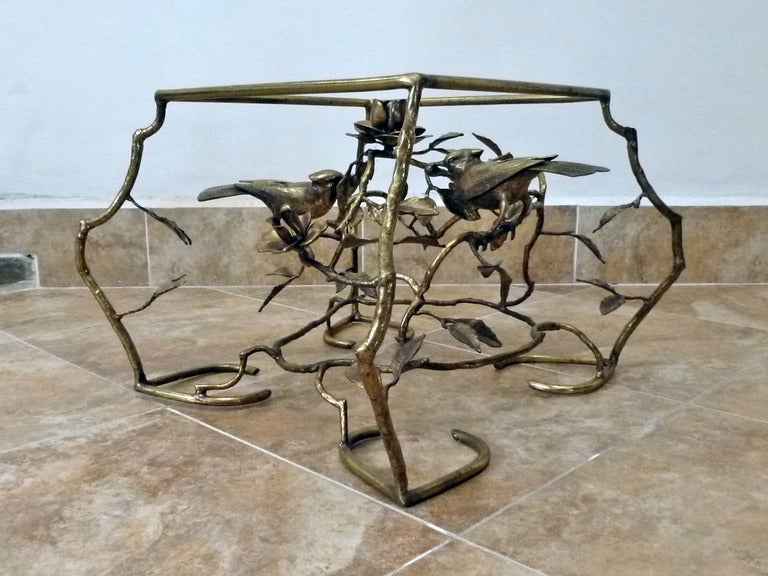 Mid-20th Century Giacometti style, Brass cocktail small square table with birds