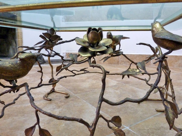 Mid-20th Century Giacometti Style, Brass Cocktail Square Table With Birds