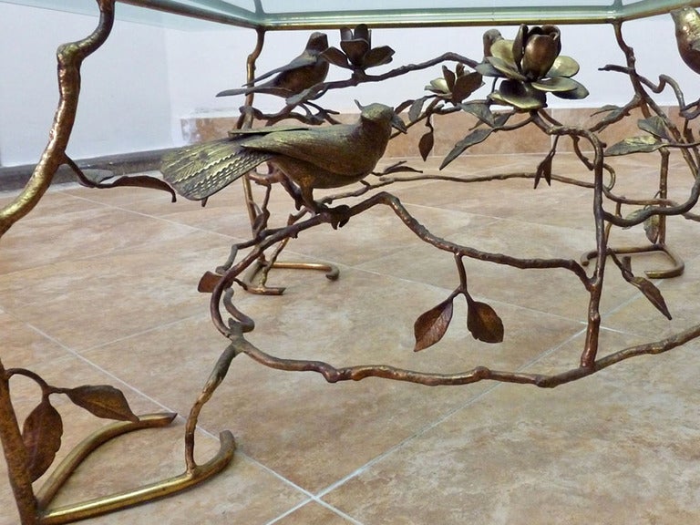 Glass Giacometti Style, Brass Cocktail Square Table With Birds