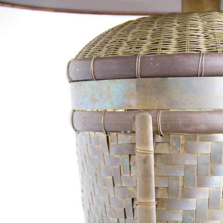 Brass Basket Chapman Table Lamps with Silk Shades