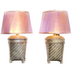 Brass Basket Chapman Table Lamps with Silk Shades