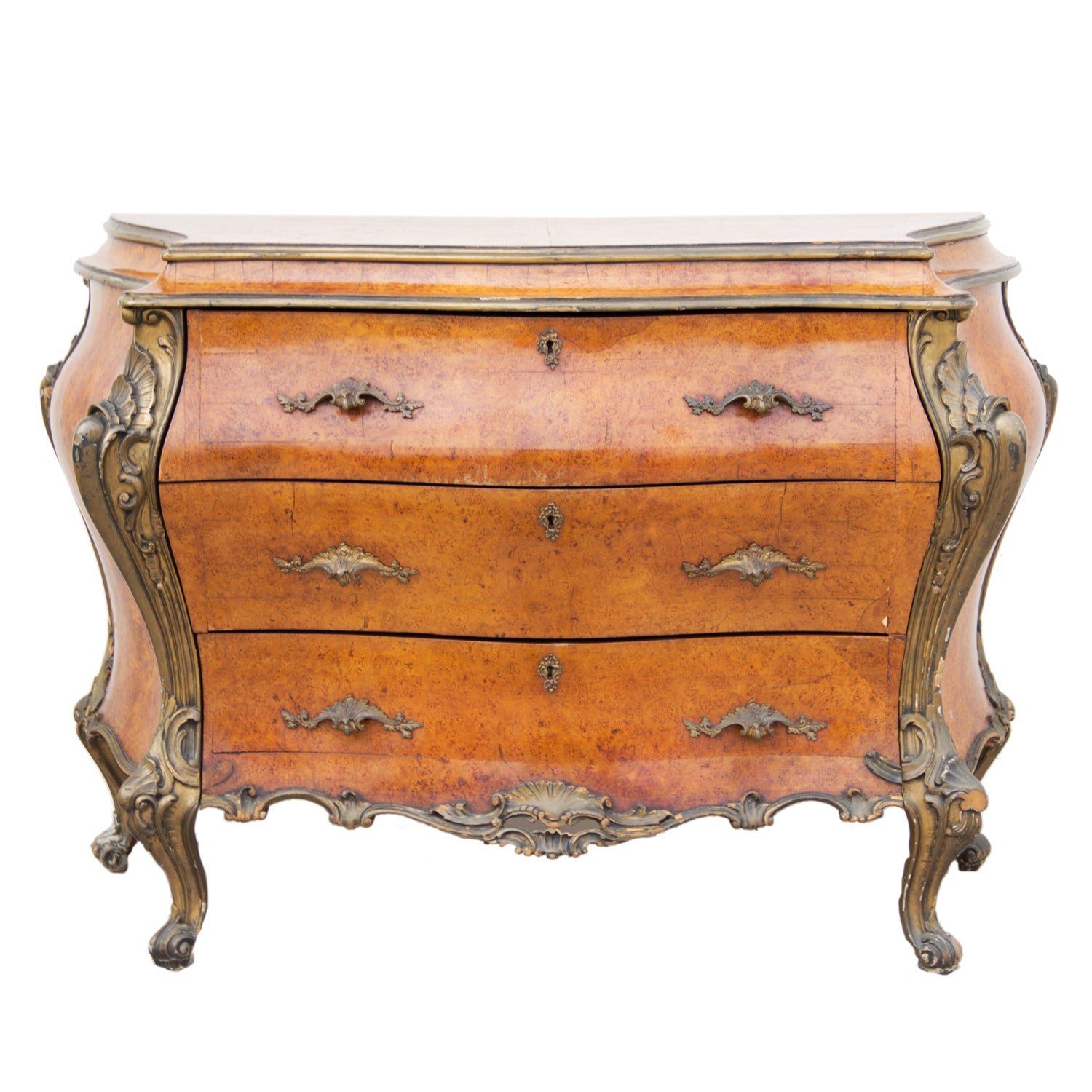 A Louis XV Style Burl Wood Bombe Commode For Sale
