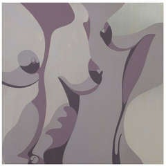 Framed Painting on Stainless Steel Nude Torso "Two Women" by R. Harold, 1966