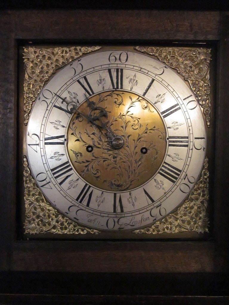 Late 18th c. Carved Oak English Case Clock For Sale 1