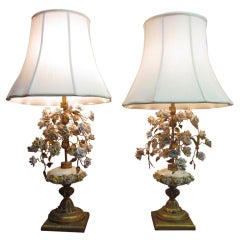 19th c. pair of Victorian brass and porcelain lamps