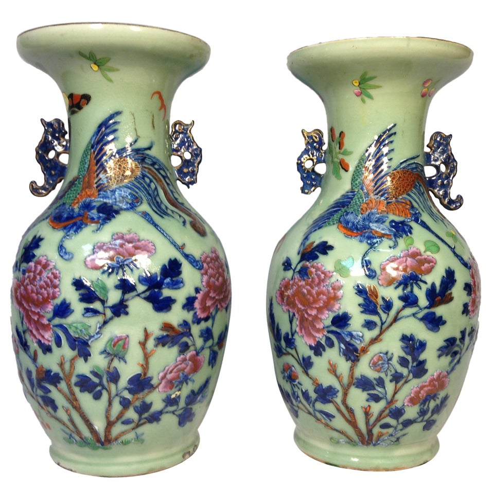 Pair of 19th c. Celedon Vases  For Sale