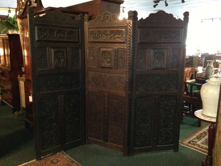 Late 19th c. 3 Panel Carved Oak Screen