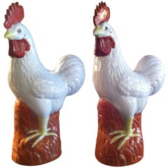 Antique Pair of early 20th c. Porcelain Roosters