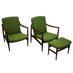 Rare Pair of Jacob Kjaer Lounge Chairs and Ottomam