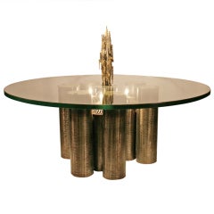 Brutalist Coffee Table with Coordinating Pendant Light Fixture