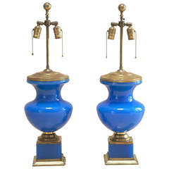 Pair of Blue Opaline & Brass Urn-Form Table Lamps