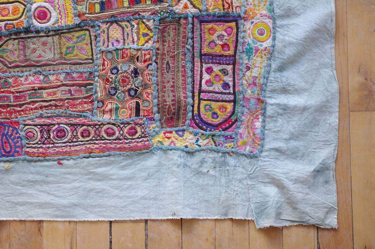 Cotton Vintage Indian Embroidered Patchwork Spread For Sale