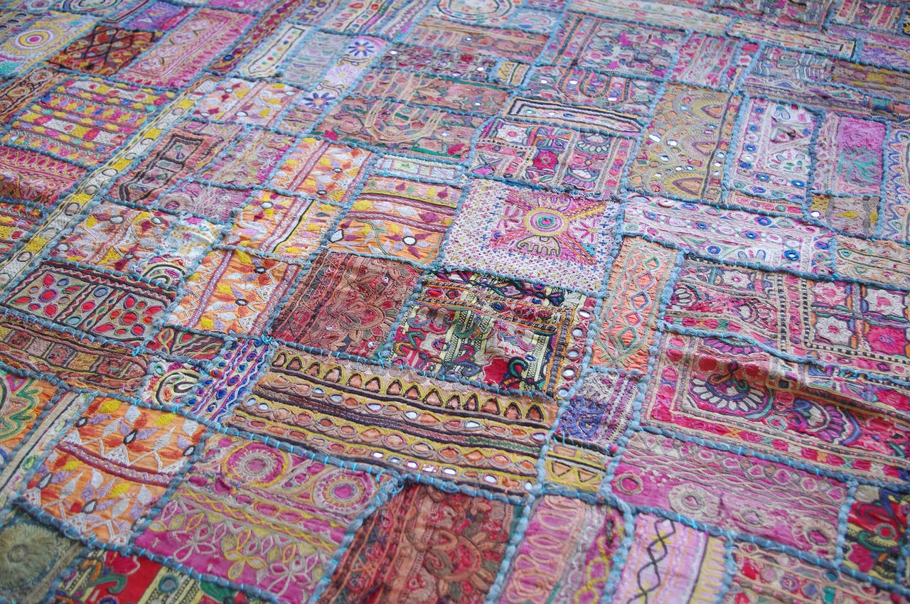 Tribal Vintage Indian Embroidered Patchwork Spread For Sale
