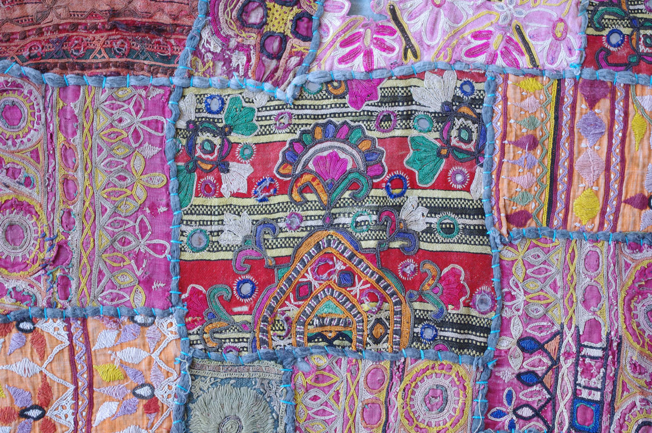 Vintage Indian Embroidered Patchwork Spread In Distressed Condition For Sale In Cambridge, MA