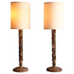 Pair of Carved Wooden Lamps