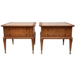 Vintage Weiman Travertine and Burled Mahogany End Tables