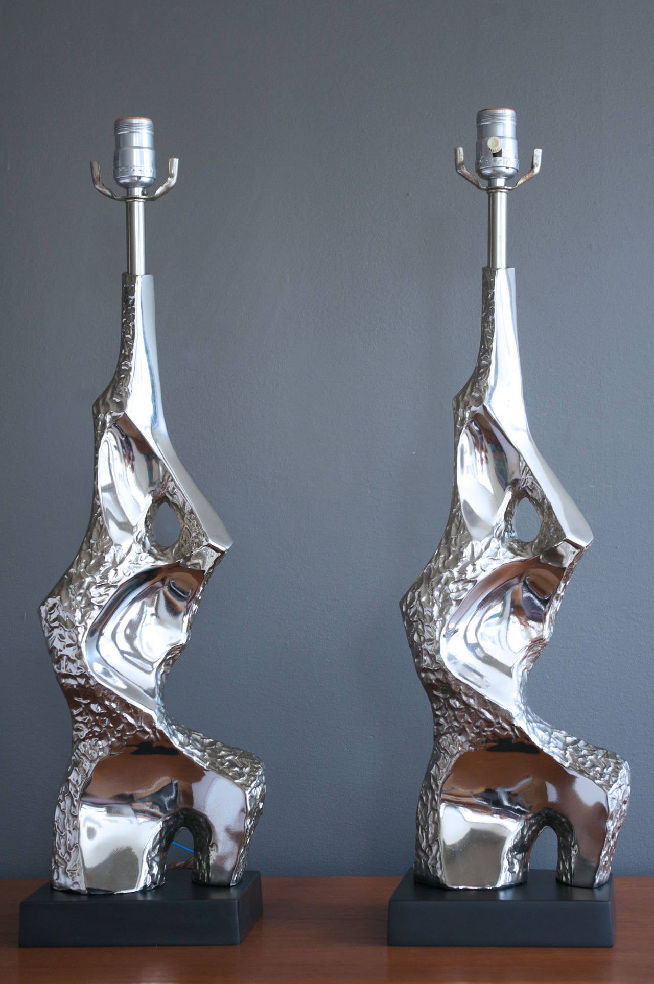 American Pair of Brutalist Chrome Table Lamps by Laurel