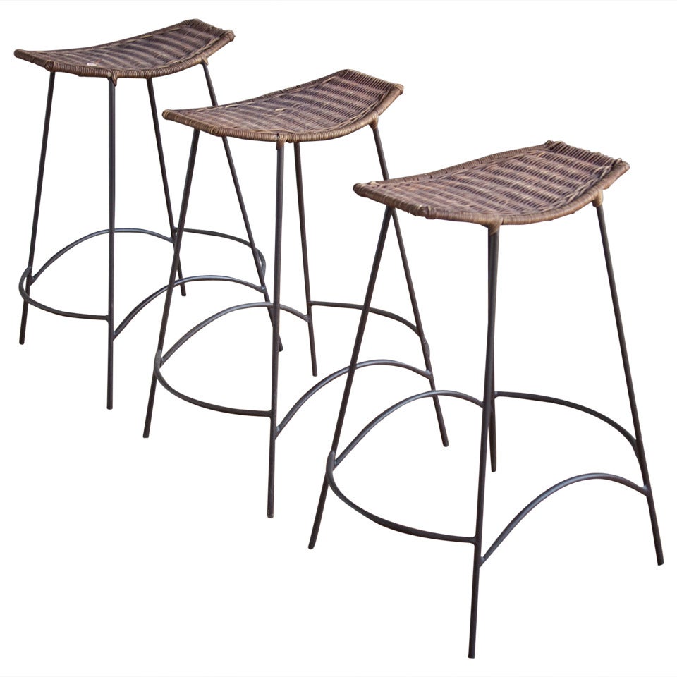 Set of Wicker 
Iron Bar Stools in the Style of Arthur Umanoff