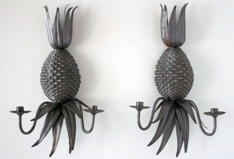 A pair of Italian toleware pineapple wall sconces, ca. 1950.