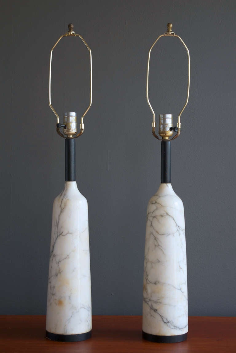 Mid-Century Modern Pair of Carrara Marble Table Lamps