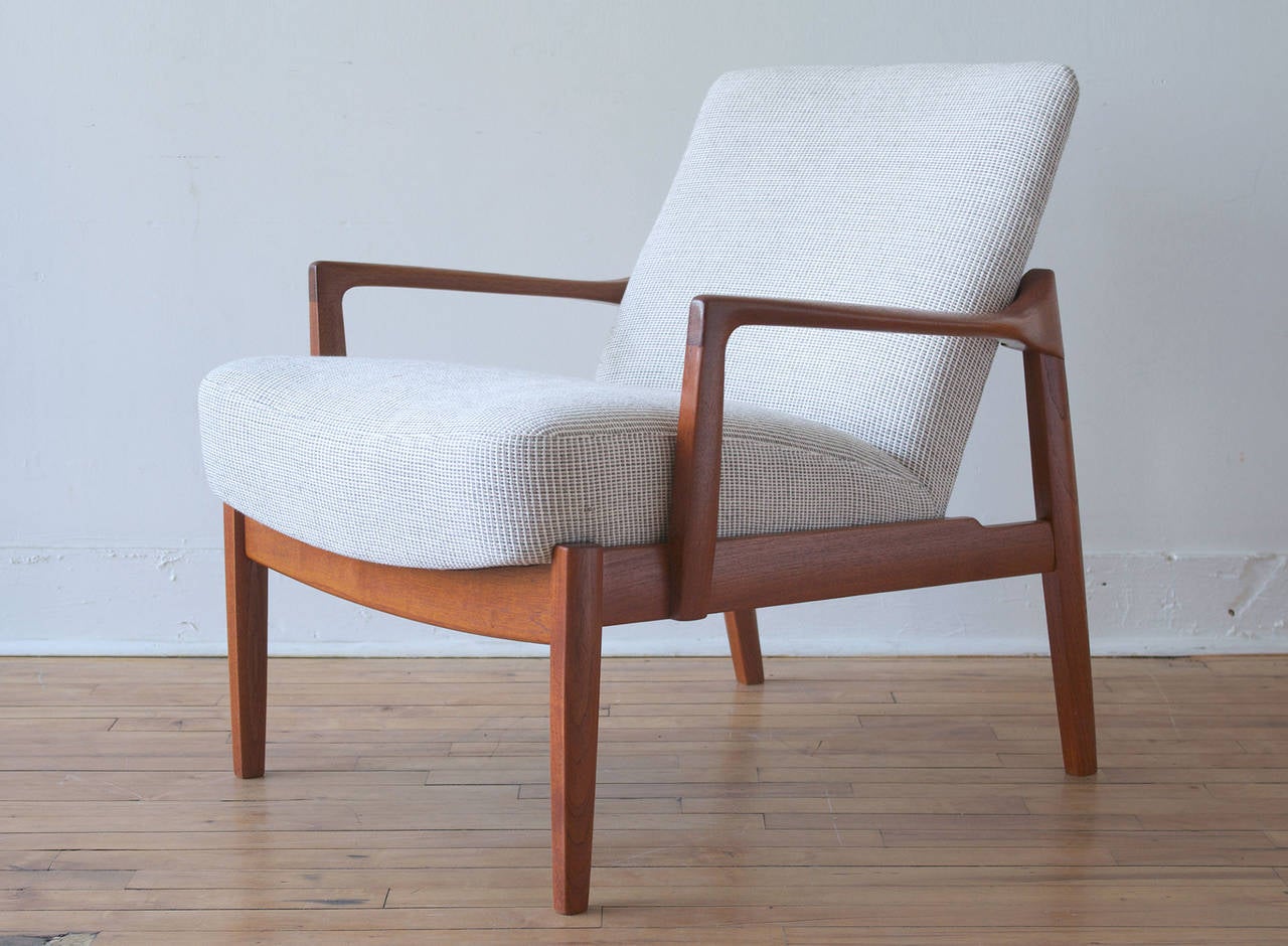 A Danish teak lounge chair designed by Tove & Edvard Kindt-Larsen for France & Son, circa 1950. 

Frame has been recently refinished and is in excellent condition. Upholstery is also in excellent condition. 

 Retains France & Son metal label to