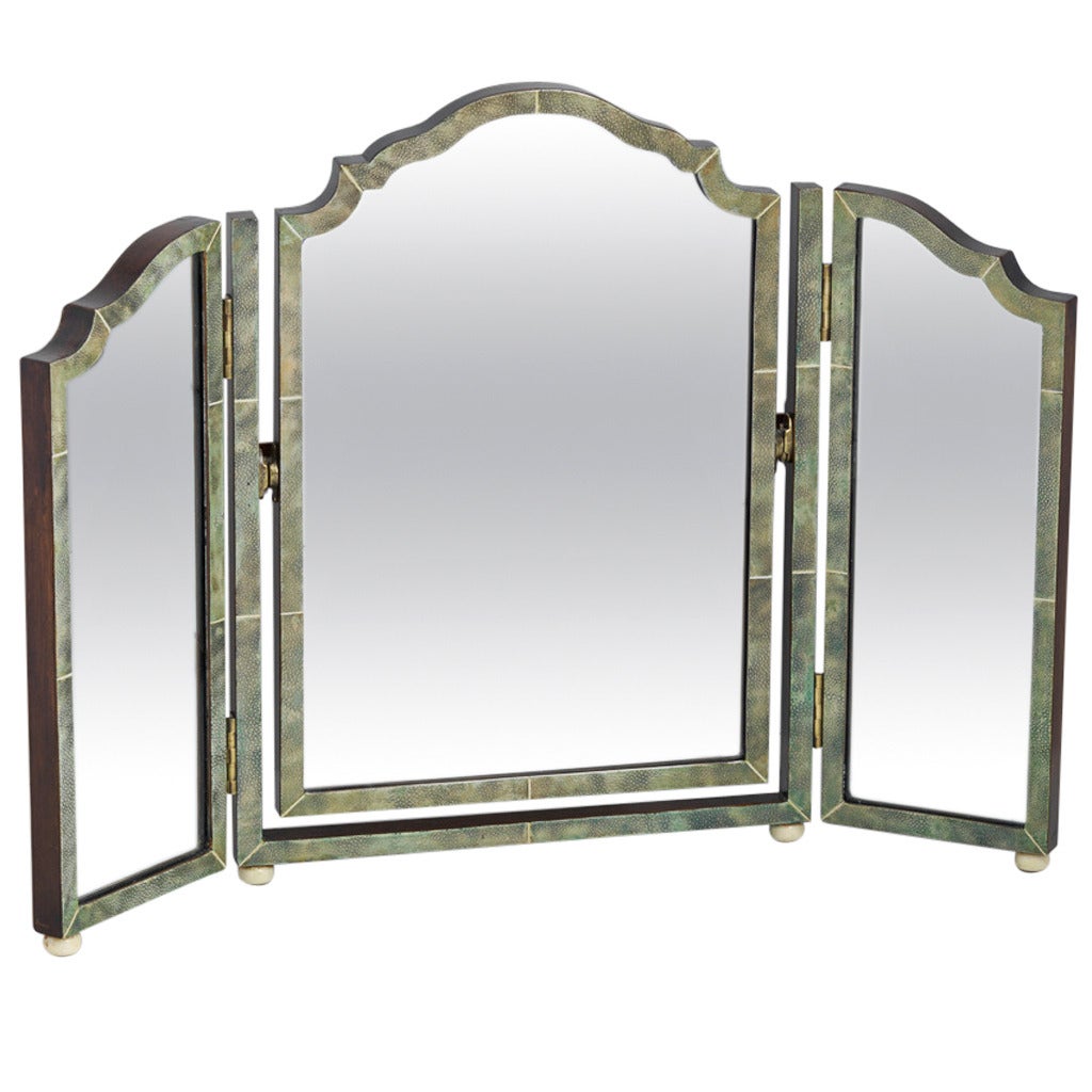 Beautiful Art Deco Three-Fold Shagreen Vanity Mirror, circa 1930