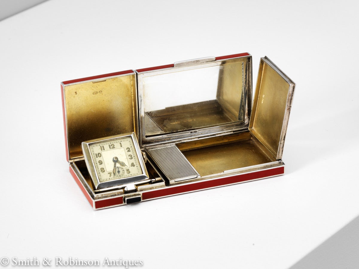 Unusual Art Deco Silver and Enamel Compact with Watch, French, circa 1925-1930